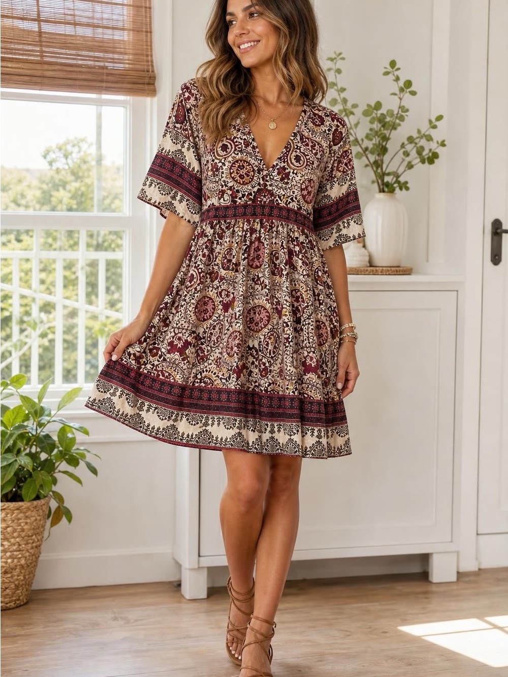 ba&sh NWT Burgundy and Cream Boho V-Neck Short Dress SZXL